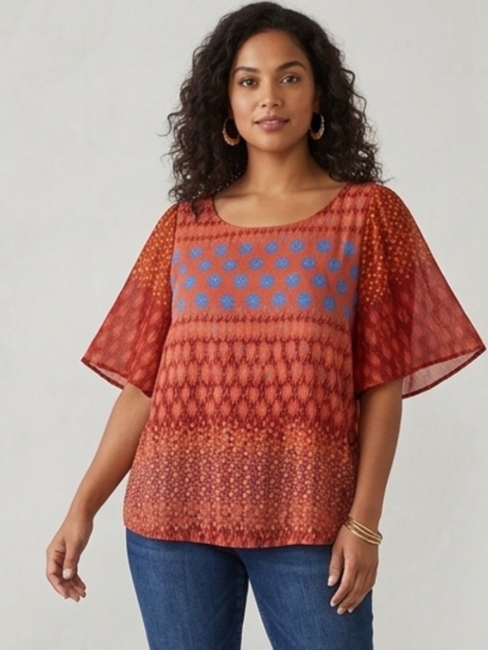Lucky Brand Rust Orange Printed Boho Sheer Flutter Sleeve Top Size XL